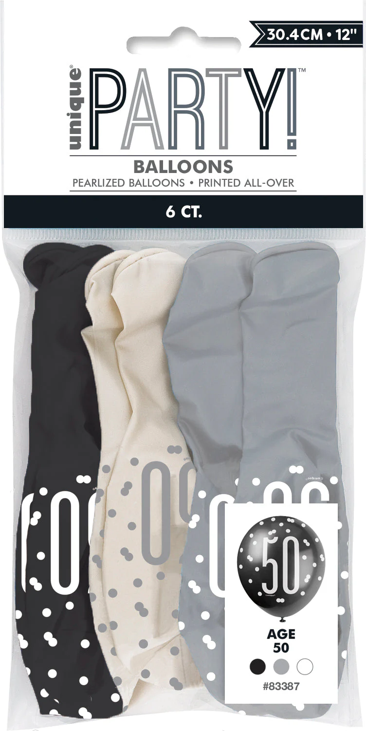 6 Glitz Black, Silver & White 12-inch Latex Balloons - Perfect for Celebrating the Big 50!