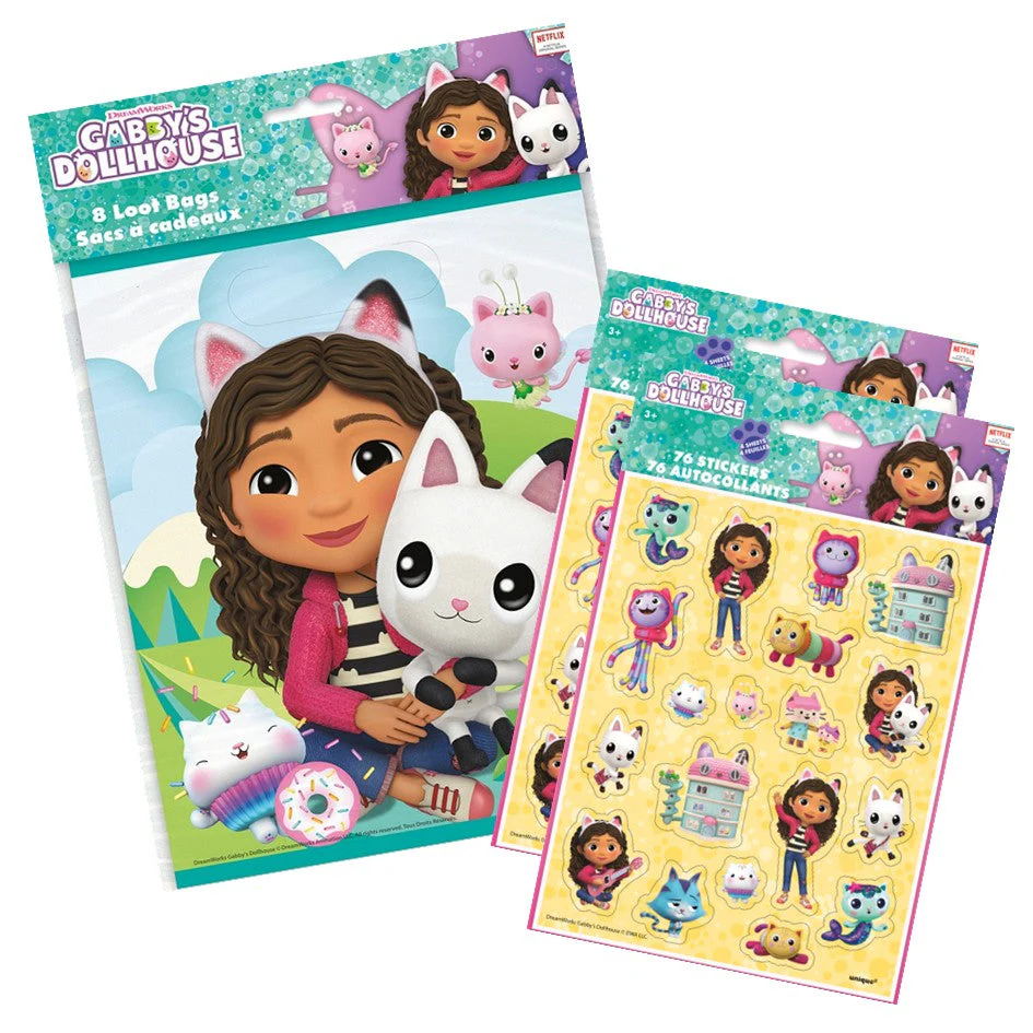 Gabby's Dollhouse Party Bundle: Stickers & Loot Bags for Effortless Fun