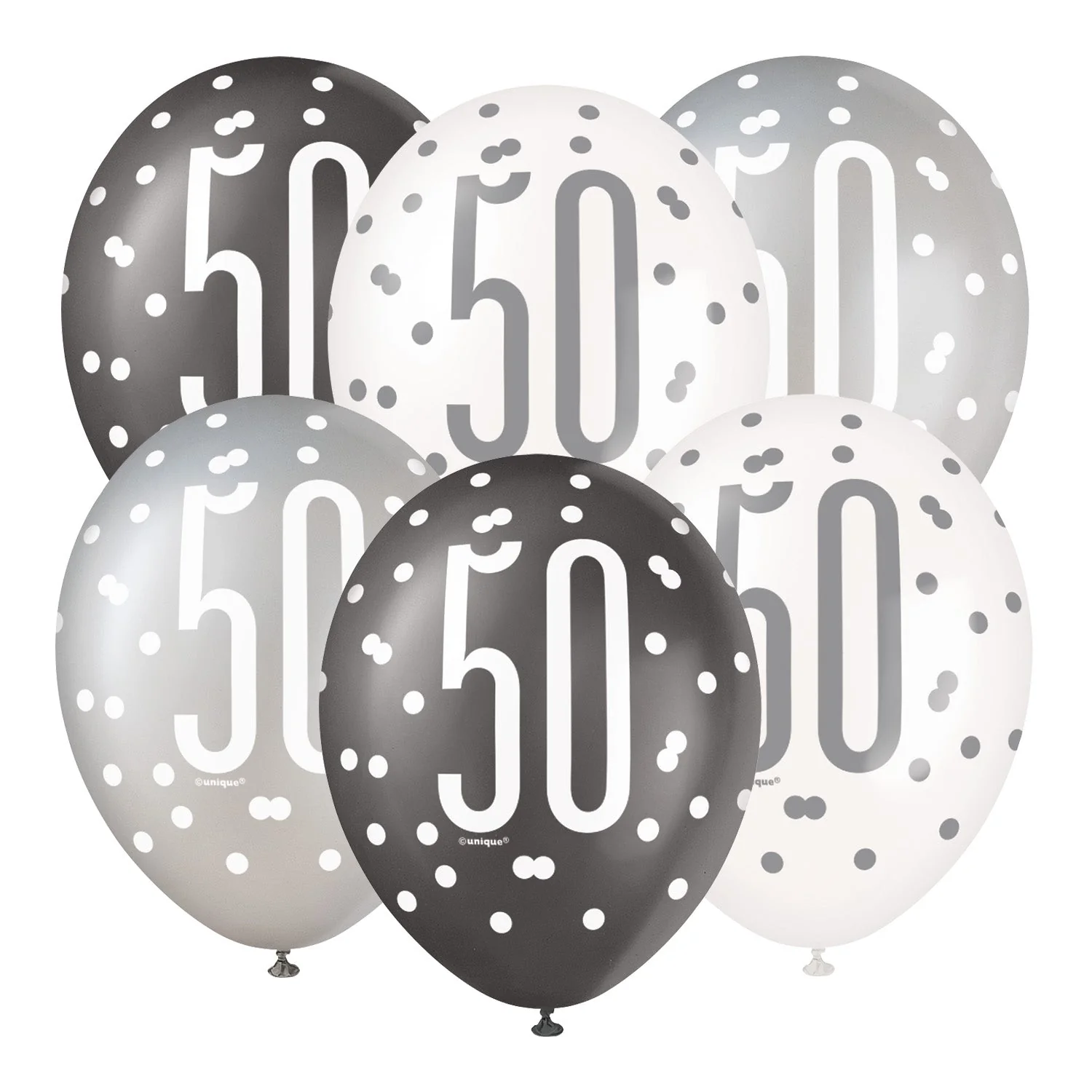 6 Glitz Black, Silver & White 12-inch Latex Balloons - Perfect for Celebrating the Big 50!