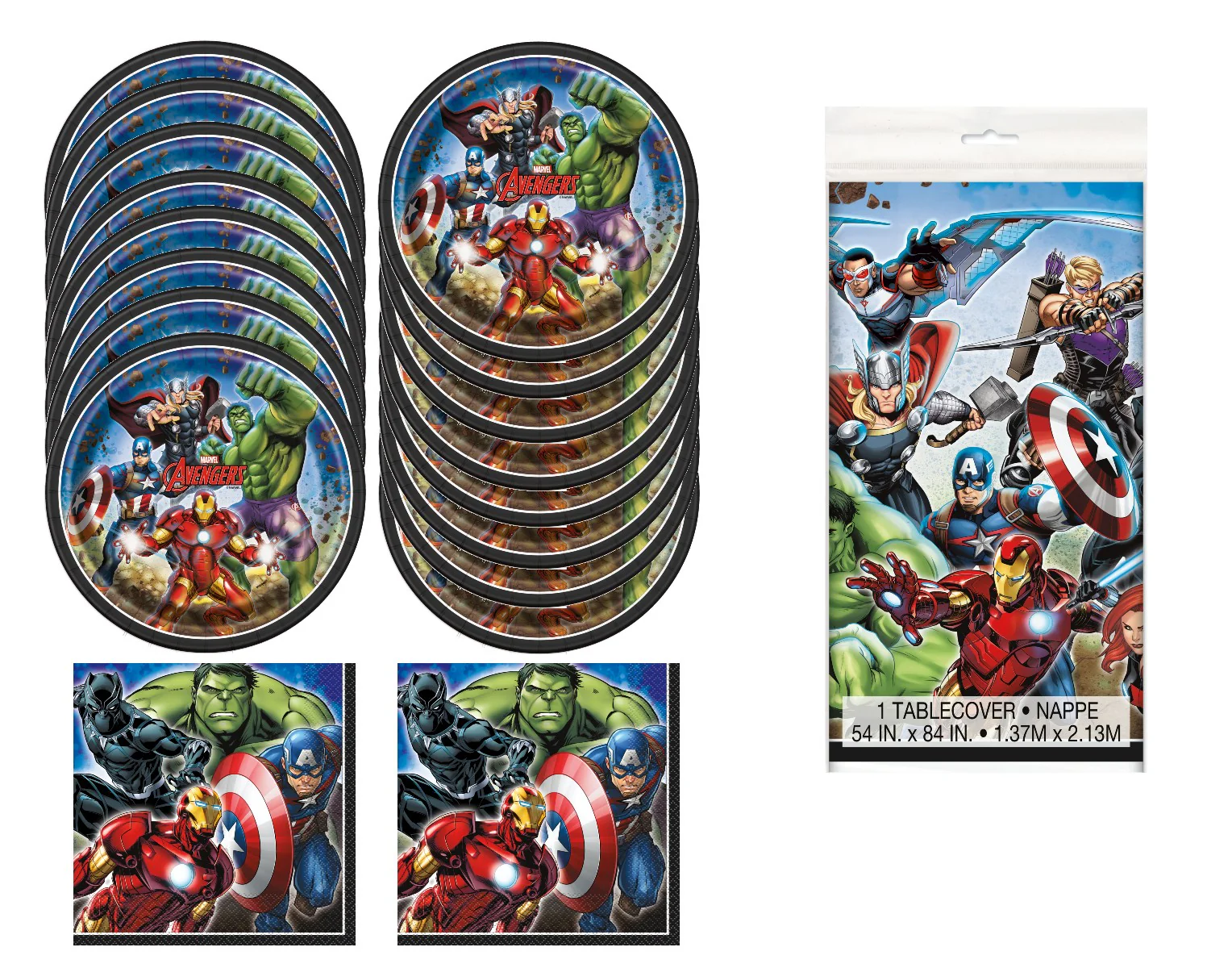 Avengers Ultimate Party Bundle: Dinner Plates, Napkins, Tablecloth - Effortless Fun for 16 Guests!