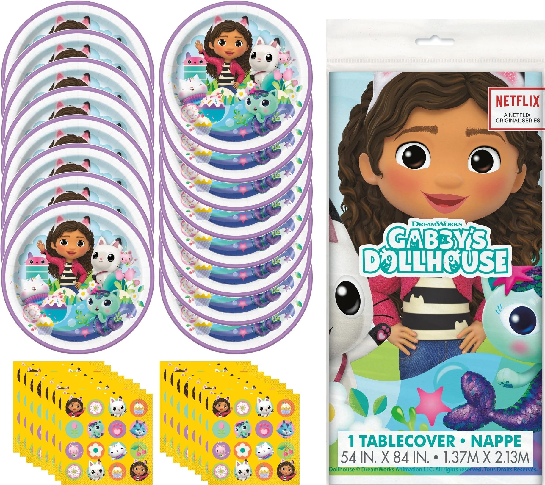 Gabby's Dollhouse Party Bundle - Dinner Plates, Tattoos & Tablecloth - Ultimate Celebration Solution!