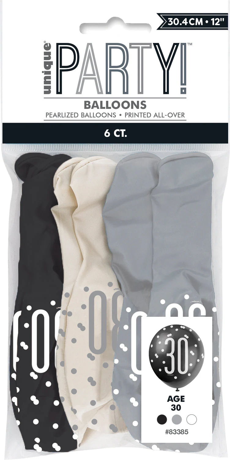 6 Glitz Black, Silver & White 12-inch Latex Balloons - Ideal for Celebrating 30th Milestones with Style!