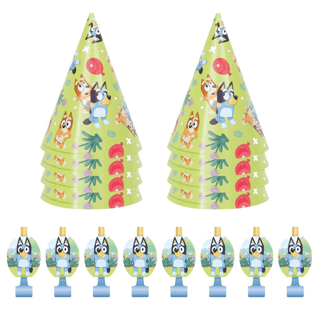 Bluey Party Bundle: 8 Blowouts & Hats - The Ultimate Celebration!